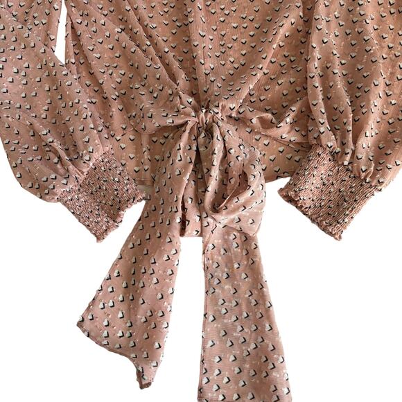 Rachel Zoe Pink Heart Print Mock Neck Long Sleeve Tie Front Blouse Size Small - Picture 6 of 9